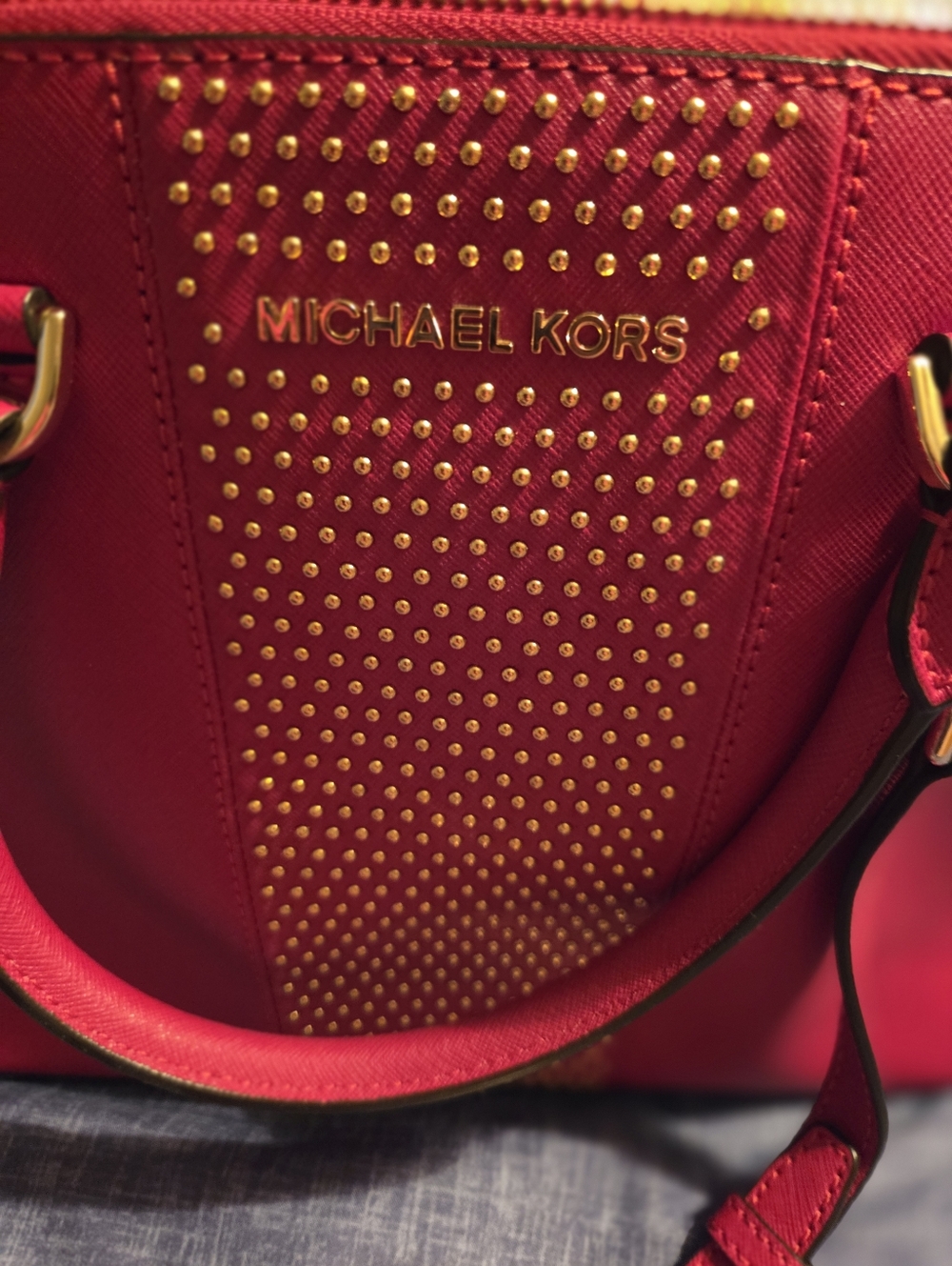 Michael Kors Red Studded Satchel with Gold Hardware